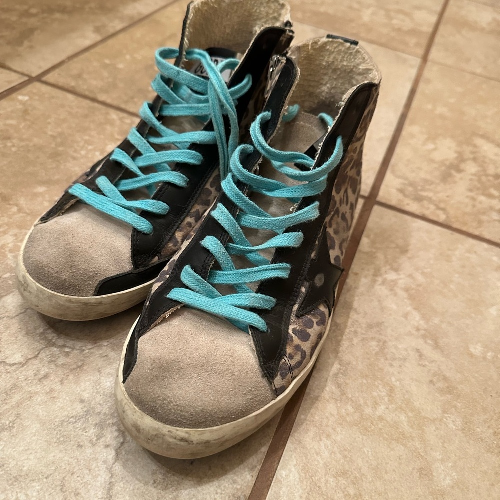 Golden Goose Leopard Print Sneakers with Turquoise Laces